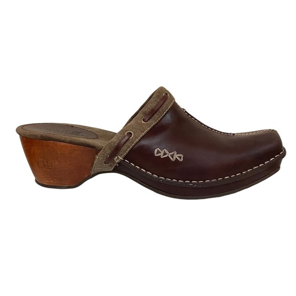 Timberland Comforia Brown Leather and Canvas Clogs Mules - Picture 1 of 7